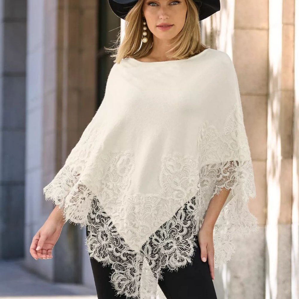 Boston Proper Lace Inset Poncho ivory white knit fringe trim women's size XS / S